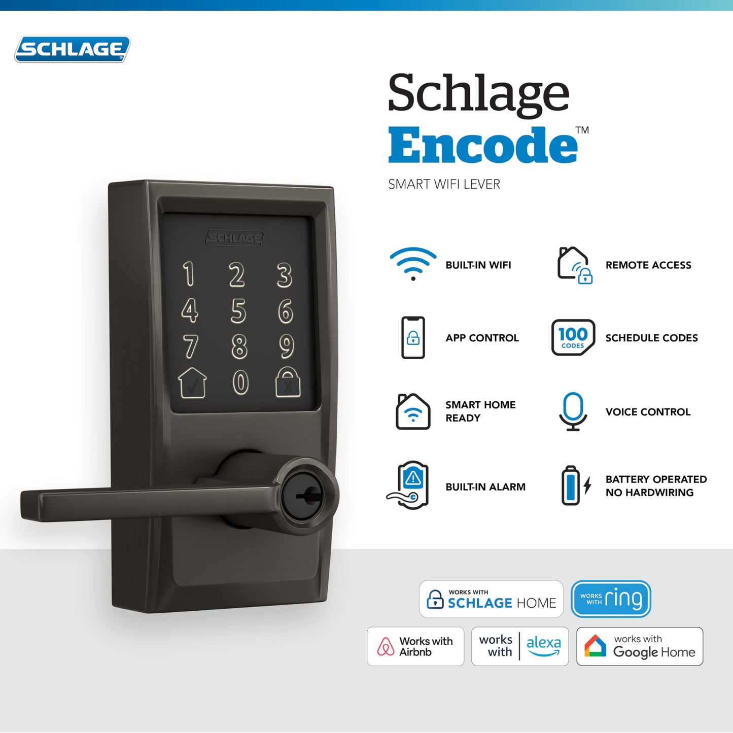 Schlage Encode Smart WiFi Lock with Lever Handle Touchscreen Keypad Keyless Entry Alexa Google Black