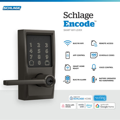 Schlage Encode Smart WiFi Lock with Lever Handle Touchscreen Keypad Keyless Entry Alexa Google Black