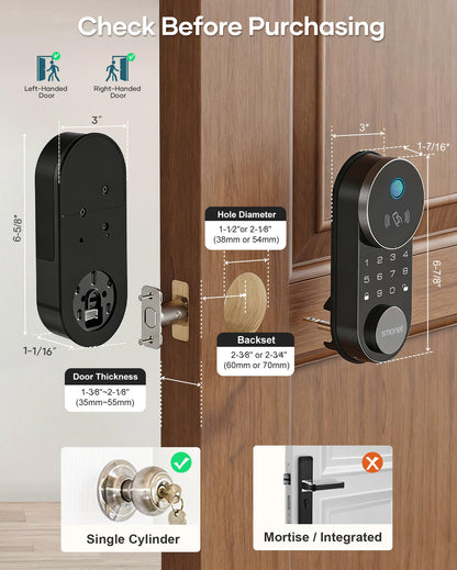 SMONET AH1 Smart Lock Fingerprint Keyless Entry WiFi Deadbolt Apple Home Alexa Google App Control